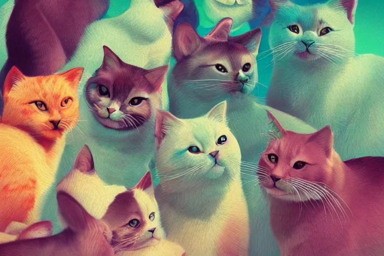 Prompt: beautiful art illustration of a group of happy cats by beeple, highly detailed