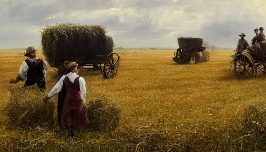 Image similar to simple amish farmers shocking hay in open fields, art by anders zorn, wonderful masterpiece by greg rutkowski, beautiful cinematic light, american romanticism thomas lawrence, greg rutkowski