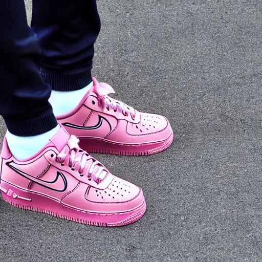 Prompt: same image but only one person in it, full body shot in a pink dress, nike air force 1 sneakers