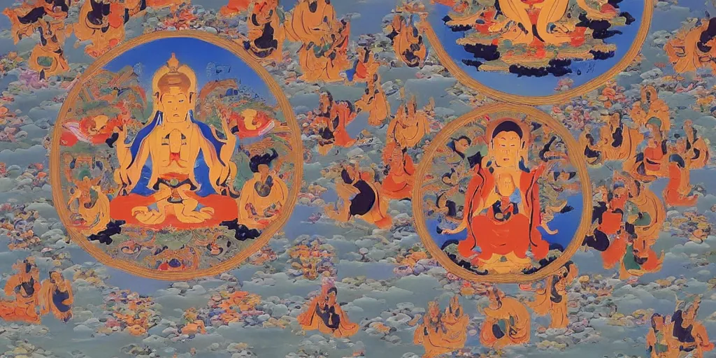 Image similar to The devil runs a group of people's lives in a big circle, Thangka painting style.