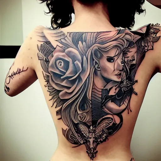 Image similar to tattoo of Scarlett Johansson, by Loish, back tattoo