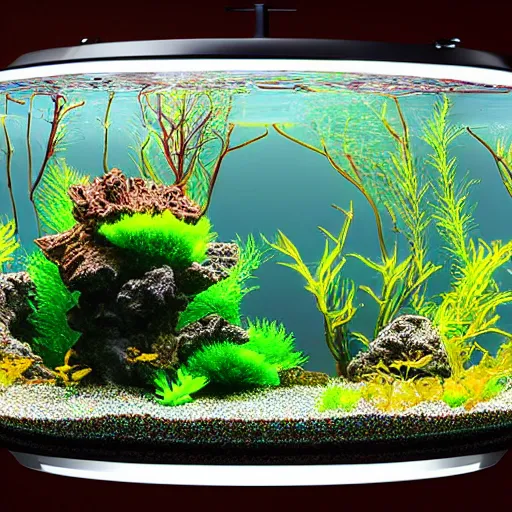 Image similar to An transparent spherical aquarium containing many fantasy fish, high detail, complex, 8k