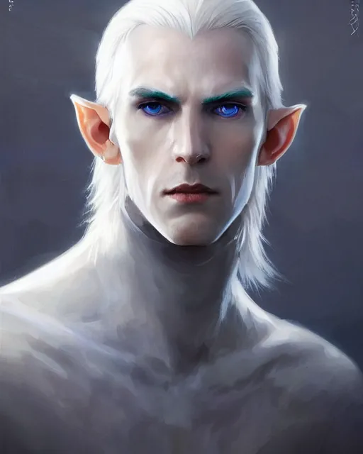 Image similar to character portrait of a slender young white haired half elven man with piercing blue eyes and pale bluish skin, wearing smooth sleek pearlescent black wraithbone armor, by greg rutkowski and mark brookes and jim burns and tom bagshaw and magali villeneuve, trending on artstation