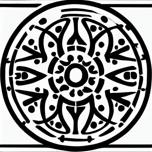 Prompt: professional photograph of a black circle in the middle with tribal symbols behind, black an white, white background