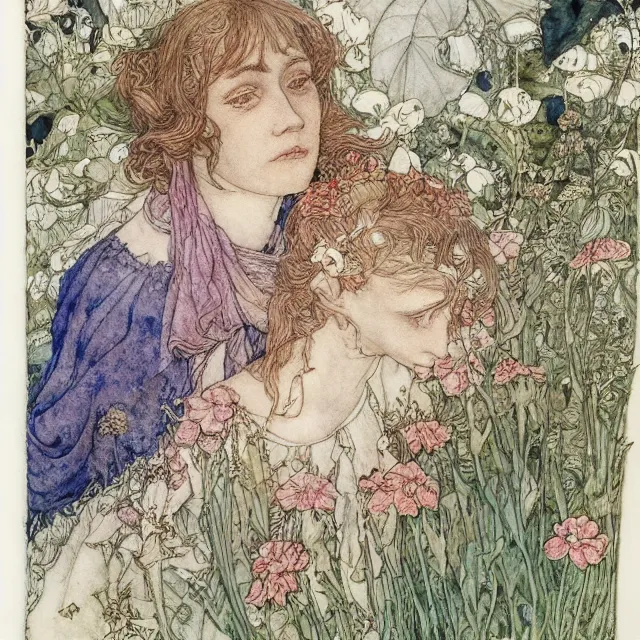 Image similar to a detailed, intricate watercolor and ink portrait illustration with fine lines of young 1 4 year old saoirse emma ronan watson looking over her shoulder, among flowers, by arthur rackham and edmund dulac and walter crane