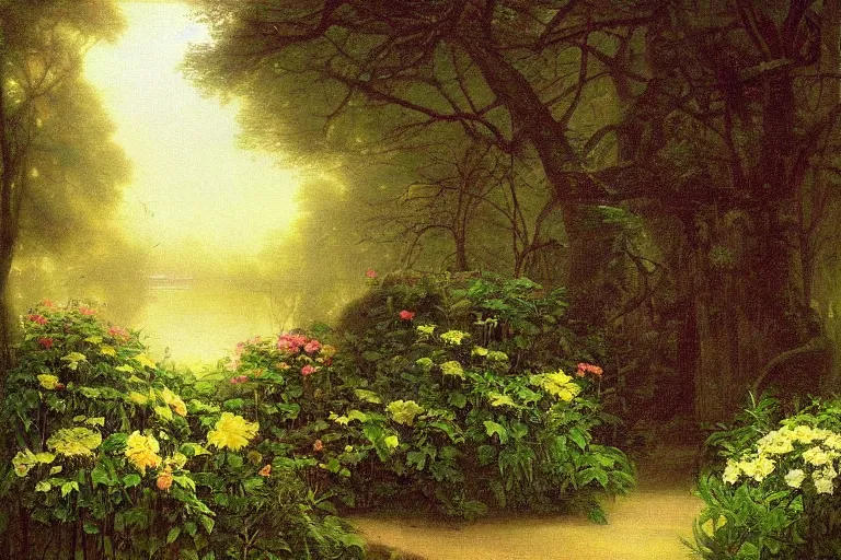 Prompt: secret garden, lush, floral, botanical, romanticism, dark, moody, hudson river school