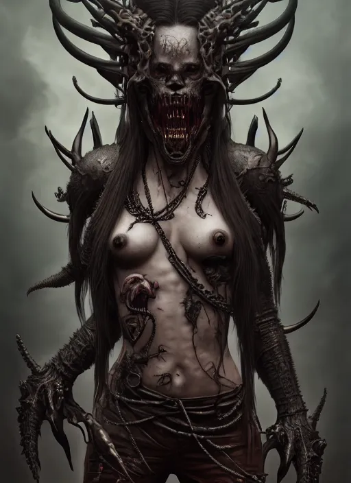 Image similar to ultra realistic, predator, fangs, goth, tattoos, leather, fantasy, flesh, bone, body horror, intricate details, eerie, highly detailed, octane render, 8 k, art by artgerm and alphonse mucha and greg rutkowski