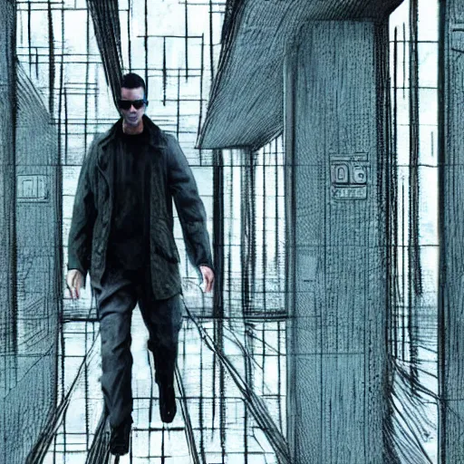 Image similar to a man walking into the matrix, concept art, illustration, highly detailed, artwork, cinematic, hyper realistic