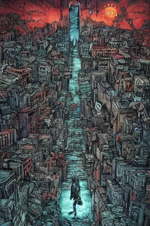 Image similar to the end of the world as we know it, urban city, lovecraftian horror, epic composition, full - color