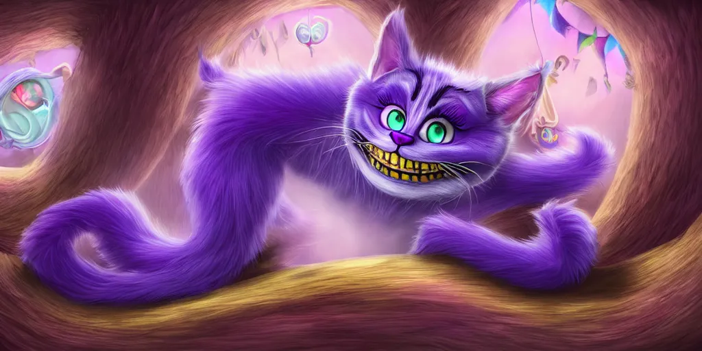 Image similar to The Cheshire Cat, Alice in wonderland, colorful, wide angle, super highly detailed, professional digital painting, artstation, concept art, smooth, sharp focus, no blur, no dof, extreme illustration, Unreal Engine 5, Photorealism, HD quality, 8k resolution, cinema 4d, 3D, beautiful, cinematic, art by artgerm and greg rutkowski and alphonse mucha and loish and WLOP