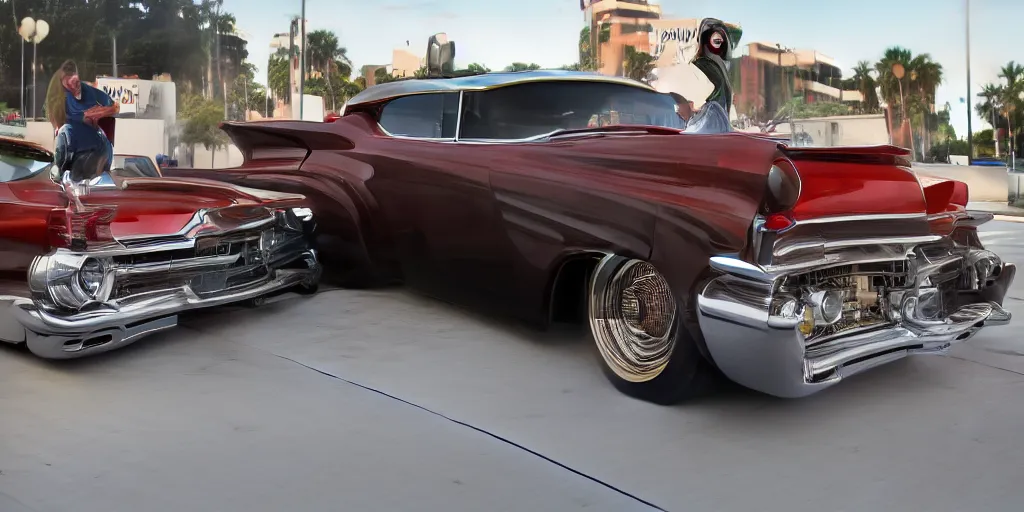 Image similar to highly detailed photo of an award winning lowrider, cruising at a car show, car bounce, air suspension, fan girls, 8 k, octane render, unreal engine, ue 5, photoshop, maya, ray tracing