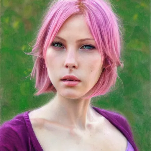 Prompt: detailed portrait of beautiful pink haired girl, android, tight clothing, pretty face, green cyborg eyes, innocent, realism, 4 k, ultra realistic, aura of light, cinematic lighting, highly detailed, sharp focus, artstation, masterpiece, art by steve hanks