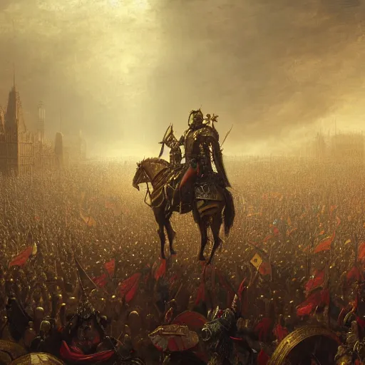 Prompt: artstation concept of a man in armor standing in a crowd gettig cheered, bright colorful, gold, hyperdetailed, artstation trending, world renowned artists, worth 1 0 0 0. com, historic artworks society, antique renewel, cgsociety, by greg rutkowski, by gustave dore, deviantart