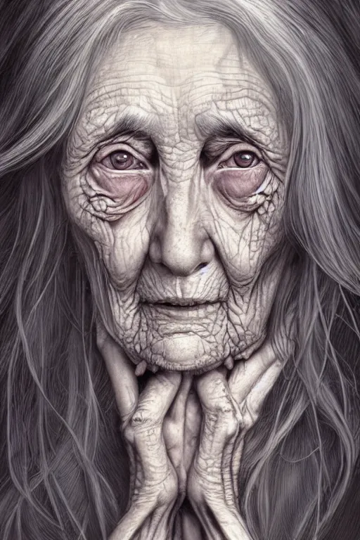 Prompt: very old wrinkled woman crone with long scraggly hair wearing rags, character portrait, concept art, intricate details, highly detailed photorealistic portrait in the style of adam hughes, seseon yoon, artgerm and warren louw