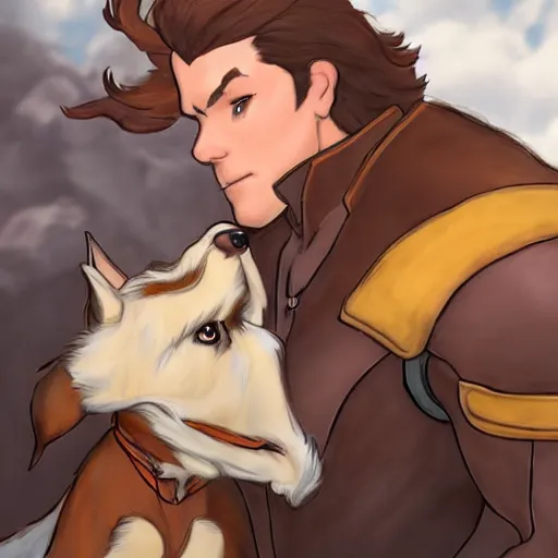 Prompt: reinhardt petting a brown dog, highly detailed, hyperrealistic, smooth focus, sharp, artstation