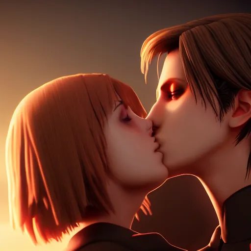 Image similar to Annie Leonhart kissing Anakin Skywalker, detailed face, love, bokeh effect, lesbian kiss, octane render, 8k wallpaper, love aesthetic