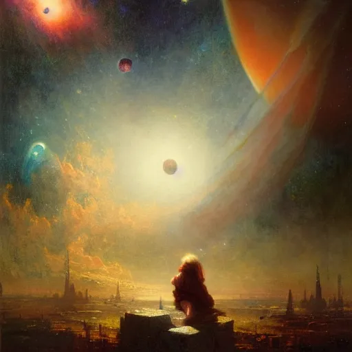 Image similar to a lonley and gloomy baby in middle of space surrounded by colorful stars planets and galaxies, high detail, by gaston bussiere, bayard wu, greg rutkowski, odd nerdrum, maxim verehin, dan dos santos, masterpiece, sharp focus, cinematic lightning