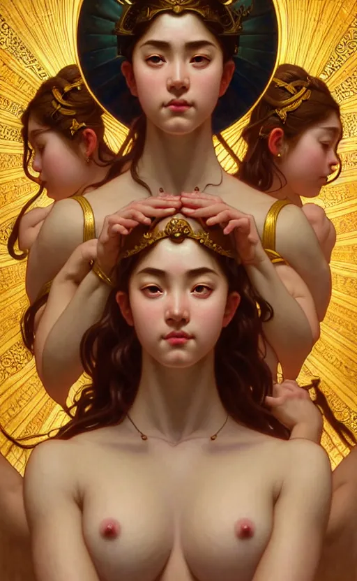 Prompt: symmetry!!!! intensely intricate fanart of full frontal pose of a sensual young goddess of war, protagonist, against an alluring young goddess of the prosperity, antagonist, intricate, elegant, highly detailed, my rendition, digital painting, artstation, concept art, smooth, sharp focus, illustration, art by artgerm and greg rutkowski and alphonse mucha
