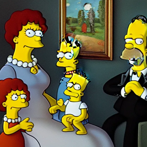 Image similar to a family portrait of the simpsons by gustave courbet, 3 d, ue 5, oil on canvas, 8 k, 4 k