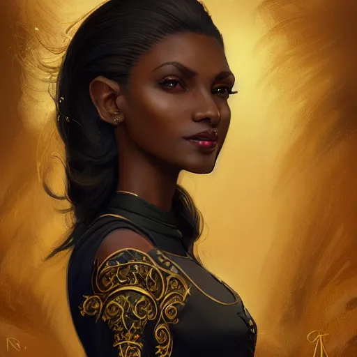 Image similar to Portrait of a tall beautiful brown-skin elf woman wearing stylish black and gold robes, warm smile, intricate, elegant, highly detailed, digital painting, smooth, sharp focus, artstation, graphic novel, art by stanley artgerm and greg rutkowski and peter mohrbacher,