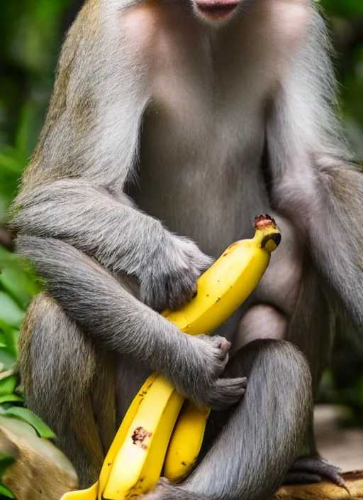 Image similar to a monkey feeds a banana to a person, color high - quality photo