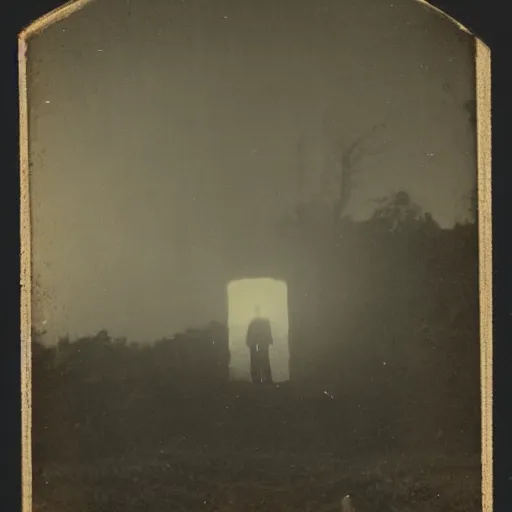 Prompt: 1820's photo from distance of a man opening a portal to another dimension at night, moody, dark, damage