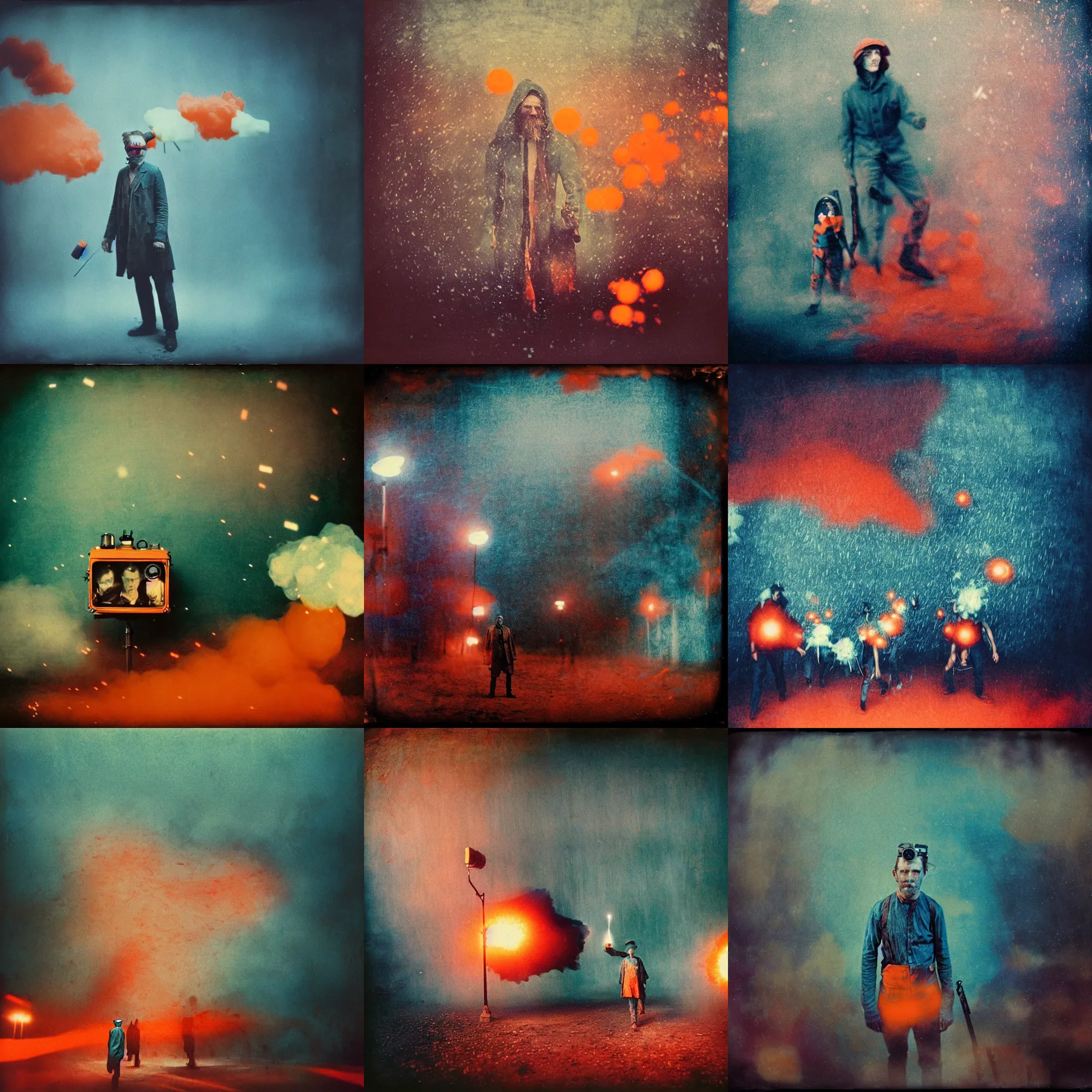 Prompt: kodak portra 4 0 0, wetplate, muted colours, blueberry and orange and teal, the walking dead, 1 9 1 0 s style, motion blur, portrait photo of a backdrop, explosions, rockets, bombs, sparkling, snow, fog, by georges melies and by britt marling