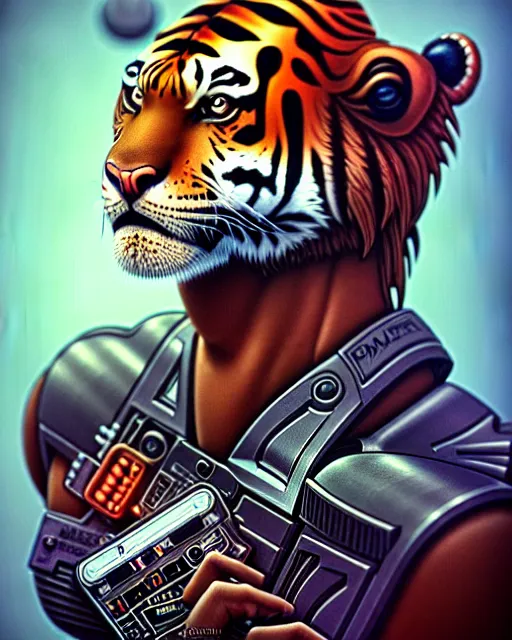 Image similar to a portrait of a muscular anthropomorphic cyberpunk tiger by sandra chevrier, by jon foster, detailed render, pistol in holster, tape deck, epic composition, cybernetics, 4 k realistic, cryengine, realistic shaded lighting, sharp focus, masterpiece, by enki bilal