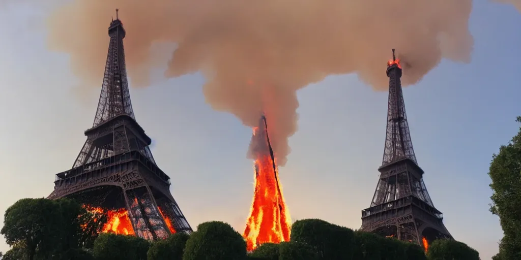 Prompt: eiffel tower is burning, realistic footage, natural lighting, realistic, sharp focus, very detailed, news feed
