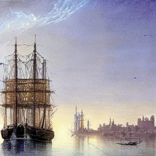 Image similar to by john harris ordered, saturated. a drawing of a tall ship sailing through a cityscape. the ship is adorned with intricate details, while the cityscape is filled with towering palaces & other grand buildings.