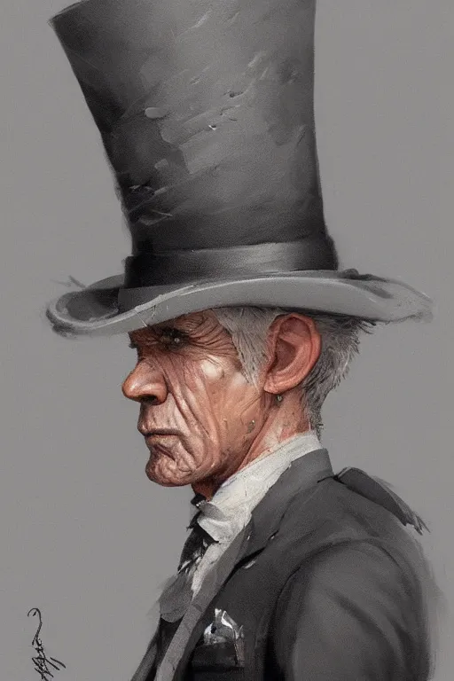 Image similar to a grey hair ageing halfling with stubble top hat and suit by Greg Rutkowski, painting, HD, high details, trending on artstation