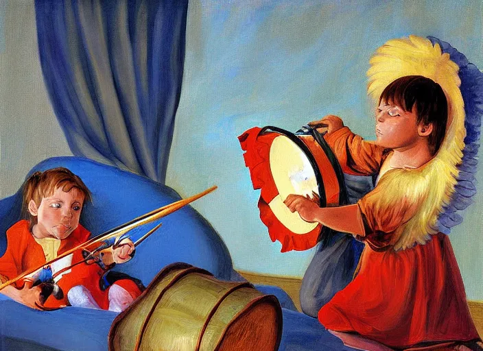 Prompt: angel rescuing little boy from a bad dream with marching drum, highly detailed, sharp focus, digital painting