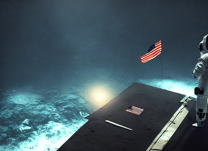 Image similar to astronaut underwater putting a flag in the sand of the bottom of the ocean. a submarine is visible in the distance. dark, concept art, cinematic, dramatic, atmospheric, 8 k, trending on artstation, low visibility, fog, ocean floor, christopher nolan, interstellar