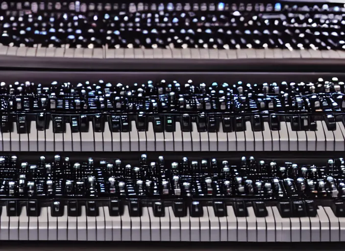 Prompt: photo still of a rack of keyboard synthesizers, 8 k