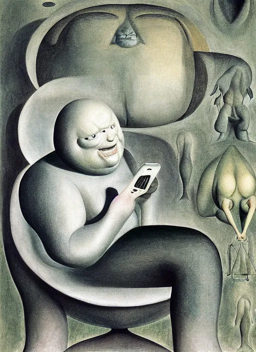 Prompt: fat monster sitting on chair looking at his smartphone, hysterical, sweat, fat, frustrated, art by gertrude abercrombie hans bellmer and william blake