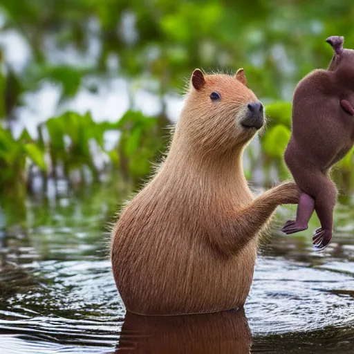 Prompt: capybara baby sitting in a pond, with a duckling on its head