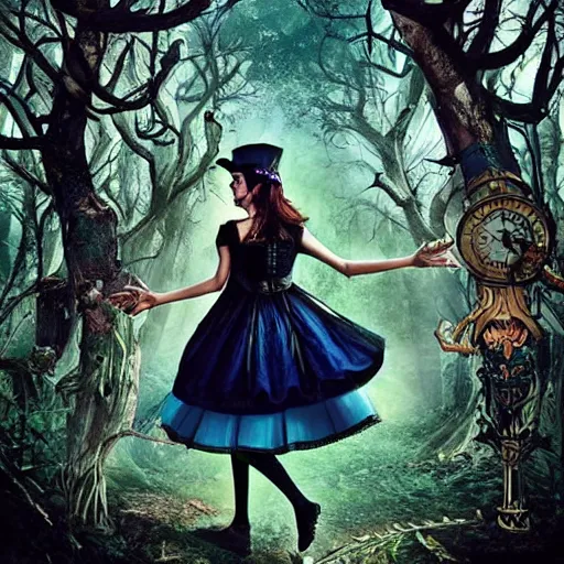 Prompt: anushka sharma as alice in wonderland. comic book style. gothic. forest background. hyperrealistic. artist android jones.