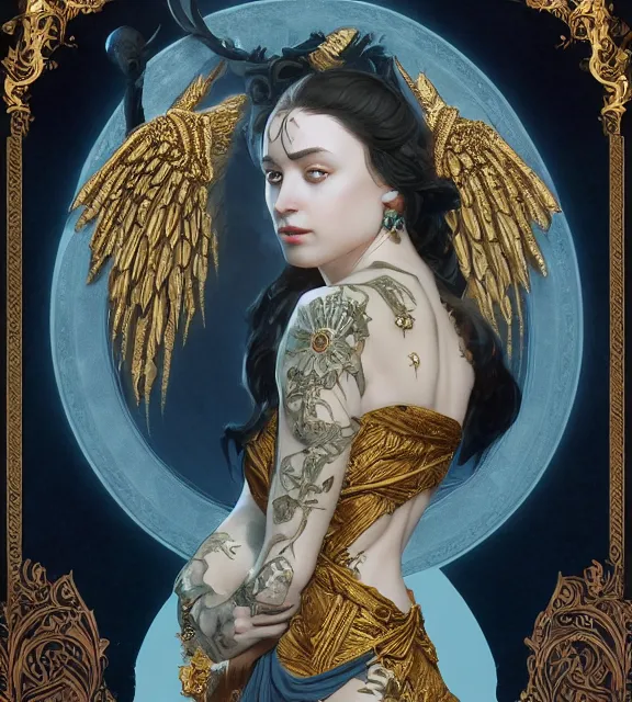 Image similar to god of death, in the underworld, elegant dark blue dress, very detailed, throne, very intricate details, jewelry, gold line tattoos, elaborate long hairstyle, wings, cinematic, artstation, william bouguereau, alphonse mucha, greg rutkowski, rossdraws, octane render