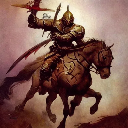 Prompt: fantasy painting by Frank Frazetta portraying a knight in armor,wielding a sword,high quality,beautiful,detailed