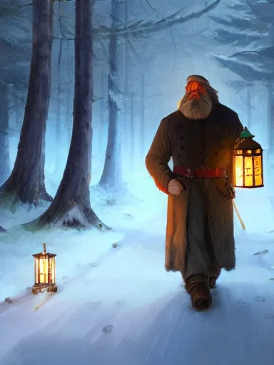 Prompt: an old master heremit, full white beard, walking with a lantern and a staff tought the woods. intricate, elegant, highly detailed, digital painting, artstation, concept art, sharp focus, illustration, by justin gerard and artgerm, 8 k