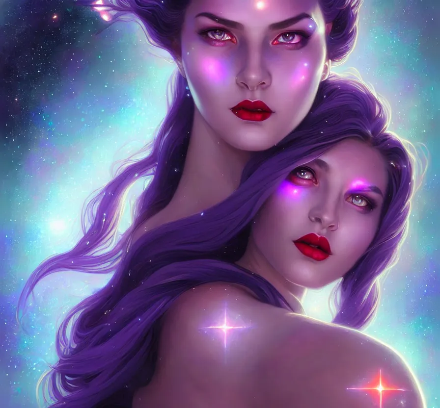 Image similar to beautiful cyber female with purple mechanic eyes and red lips, face, sci - fi, metal skinn, constellation geometry space mandal background, breathtaking stars, elegant, highly detailed, digital painting, artstation, concept art, smooth, sharp focus, spiritual art, art by artgerm and greg rutkowski and alphonse mucha, psychedelic, illustration, painting oil,