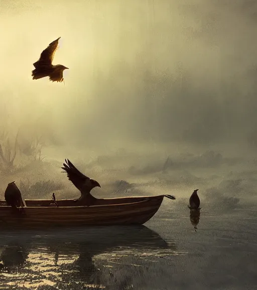 Image similar to three crows in a little boat in a swamp, volumetric lighting, majestic light, octane render, ethereal glare of the sun, hyper realistic, epic, masterpiece, by greg rutkowski