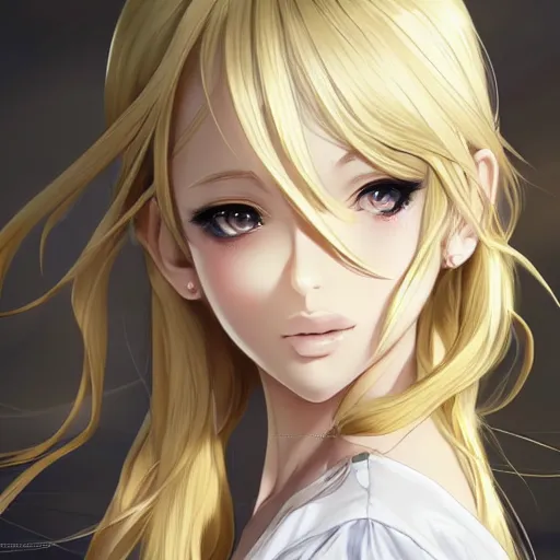 Prompt: luxury advertisement, astonishing portrait of a very beautiful anime high-school girl with blonde hair twintails, white ribbon, full perfect face, realistic, highly detailed background, artstation, 120 degree view, drawn by Sasoura, Satchely and Akihiko Yoshida, no distortion