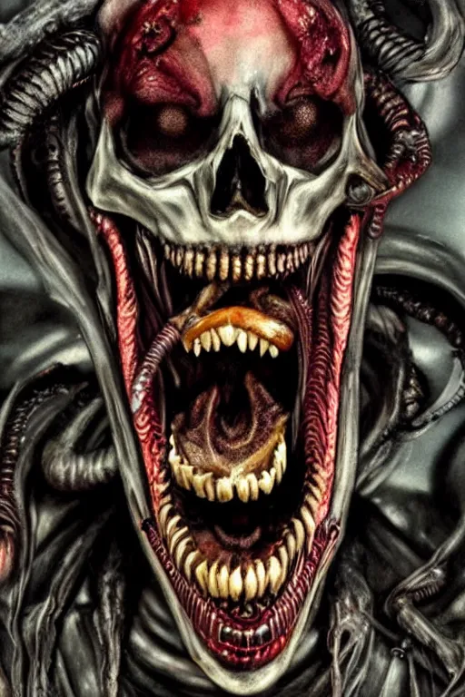 Prompt: skull - tongue as xenomorph queen, psycho stupid fuck it insane, looks like death but cant seem to confirm, cinematic lighting, decaying acid bleeding colors! various refining methods, micro macro autofocus, ultra definition, award winning photo, to hell with you, later confirm hyperrealism, devianart craze, photograph picture taken by gammell - giger