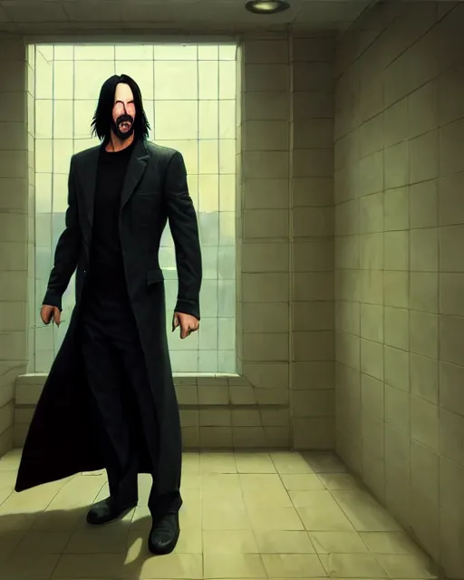 Image similar to highly detailed vfx, a portrait of keanu reeves, insanely muscular upper body tearing his clothes like the incredible hulk, wearing the matrix trench coat costume, by stephen bliss, unreal engine, greg rutkowski, loish, rhads, beeple, makoto shinkai and lois van baarle, ilya kuvshinov, rossdraws, tom bagshaw, basil gogos