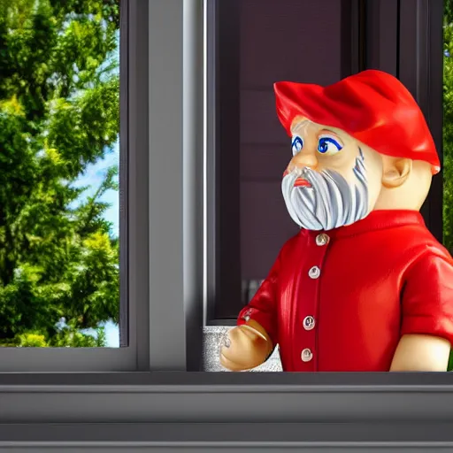 Prompt: guy fieri lawn gnome watching through the window, realistic 4k photo