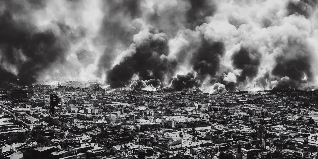 Prompt: steampunk city skyline engulfed in flames, huge explosions everywhere, bird's eye view, wide shot, cinematic, 1 3 5 film, black and white photograph