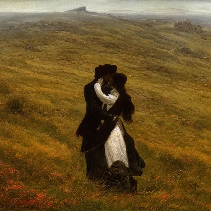 Image similar to adult dark - skinned man and woman kissing on the moorland, painting by caspar david friedrich