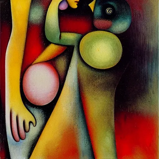 Prompt: Oil painting by Roberto Matta. Strange mechanical beings kissing. Close-up portrait by Lisa Yuskavage. Paul Klee.