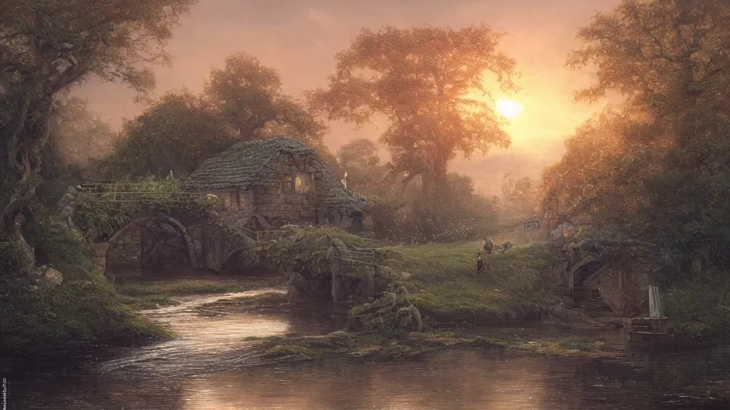 Image similar to small wooden cottage by the river, a tree with vines wrapped around it, two crows on the tree, tranquility, arch stone bridge over the river, an old man riding a horse on the bridge, sunset, by charlie bowater, by greg rutkowski